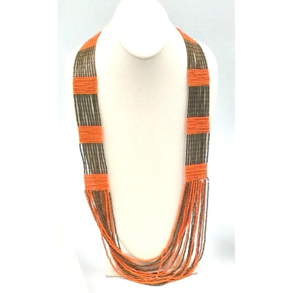 Mult-Strand Salmon Orange Brass Seed Bead Fashion statement necklace